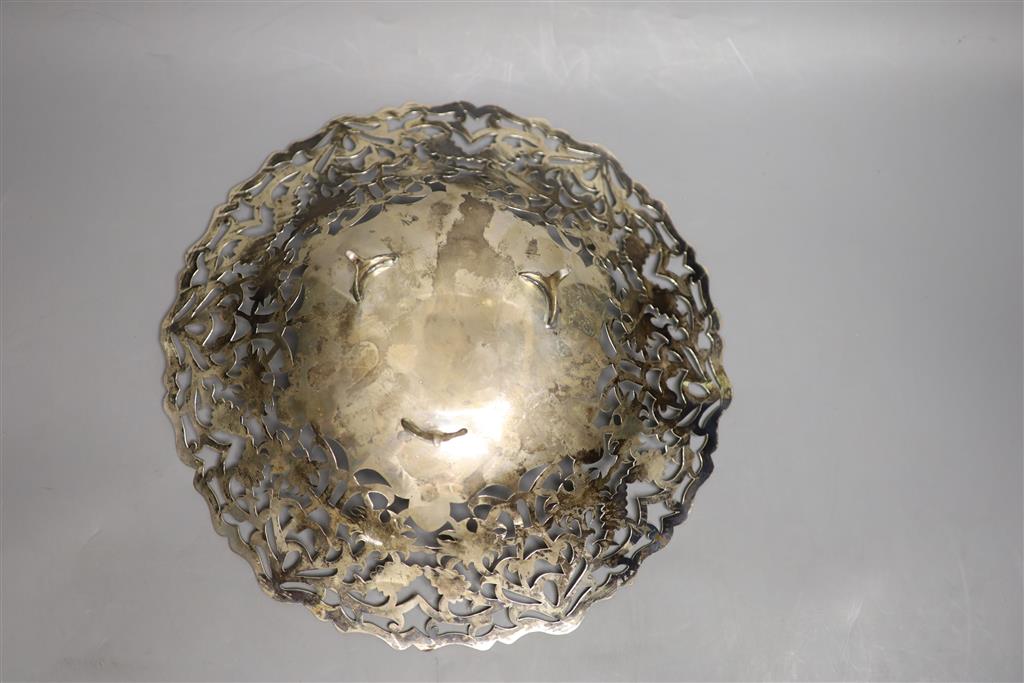 An Egyptian pierced white metal shallow bowl, 27.8cm, 13oz.